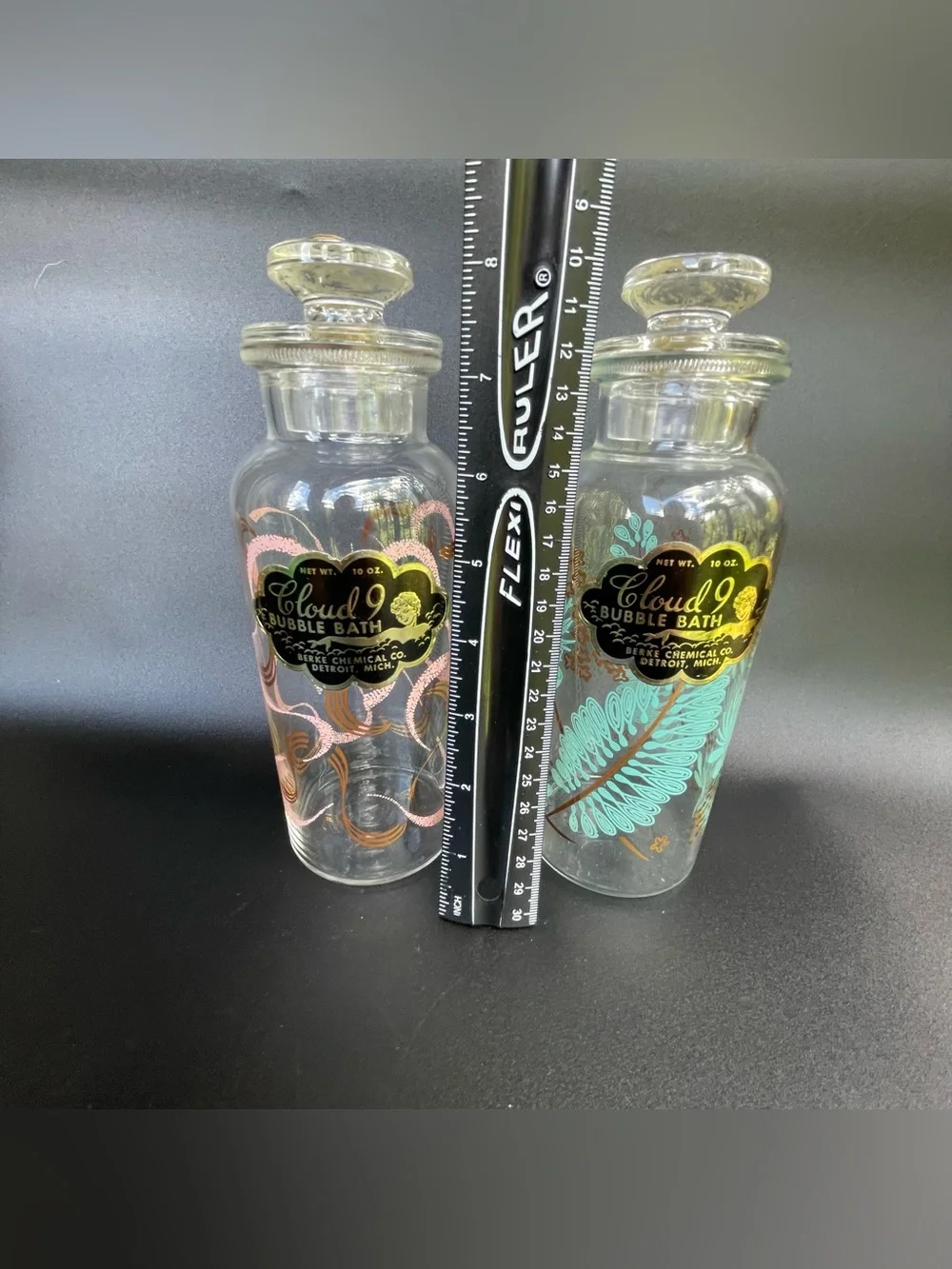 2 Vintage Glass Bubble Bath Bottles  Jars Pink Blue Gold Cloud 9 MCM Lids Labels